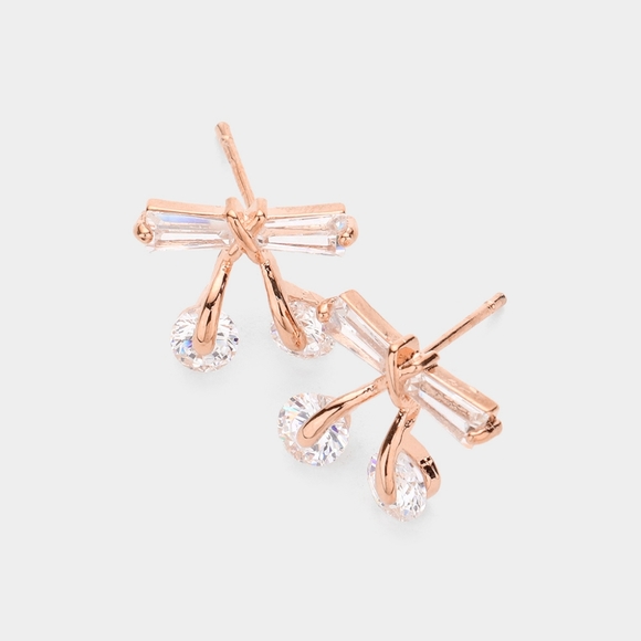 Rose Gold Cubic Zirconia CZ Crystal Bow Stud Earrings - Picture 1 of 2